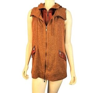 Picadilly Canada Vest Size M Hooded Knit Faux‎ Leather Trim Brown Zip Up